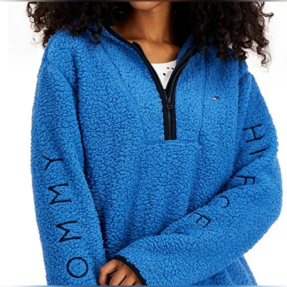 NWT Tommy Hilfiger Sherpa Pullover Hoodie Sweatshirt Blue | Women’s Size Large - Picture 2 of 13